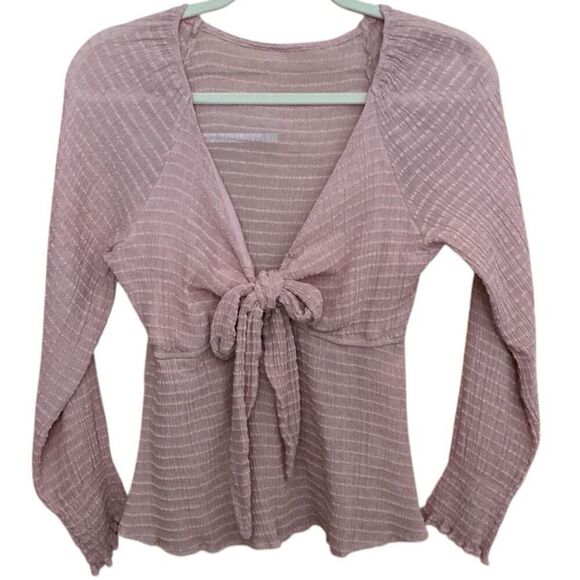 Dusty Pink Patterned Long Sleeve Tie Top Blouse M - Picture 1 of 4